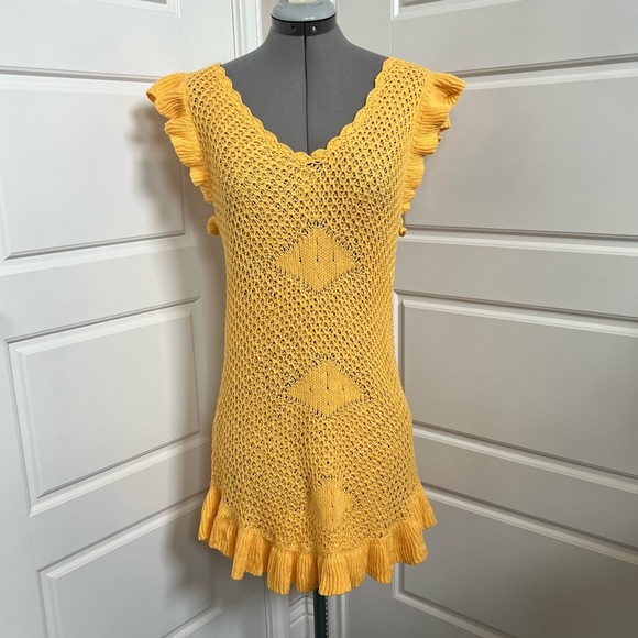 Free People Beach Mykonos Open Knit Mini Sweater Dress in Yellow Size Small - Picture 6 of 11